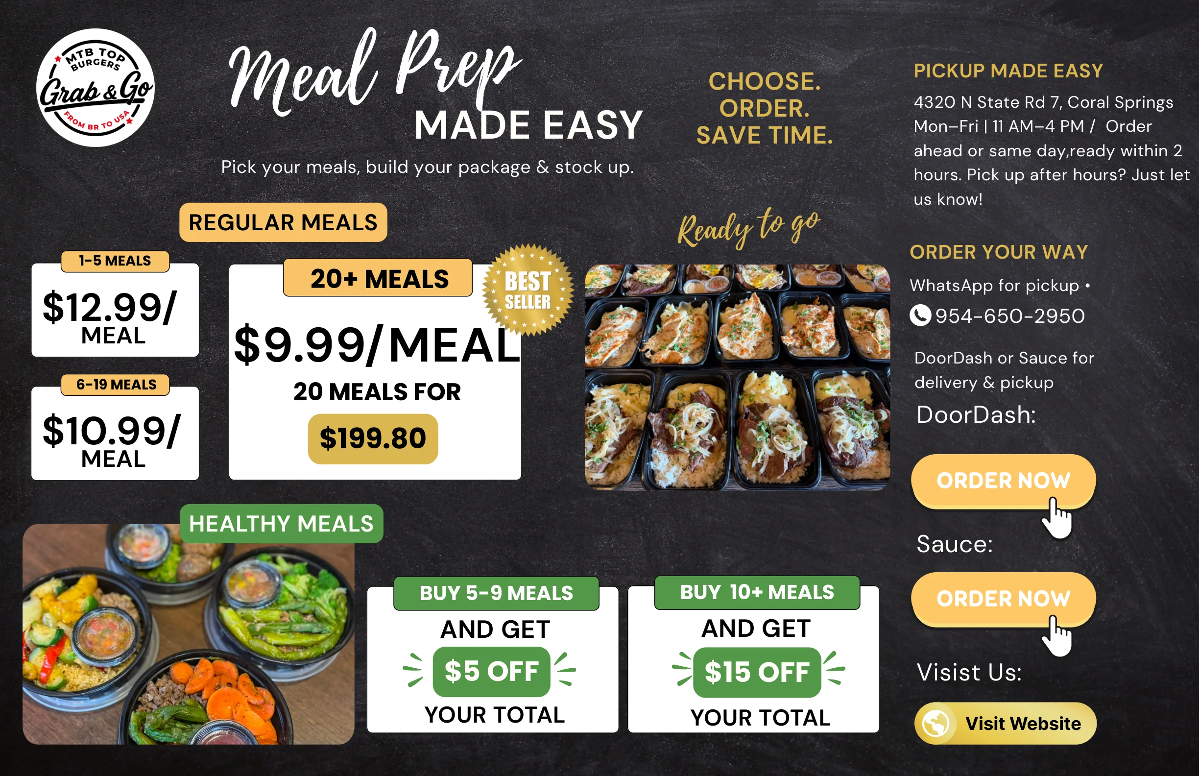 Meal Prep made easy. Regular meals: 1 to 5 meals $12.99 per meal, 6 to 19 meals $10.99 per meal, 20+ meals $9.99 per meal (20 meals for $199.80). Healthy meals: buy 5 to 9 meals and get $5 off, buy 10+ meals and get $15 off. Pickup at 4320 N State Rd 7, Coral Springs, Mon to Fri 11 AM to 4 PM. WhatsApp 954-650-2950. DoorDash or Sauce for delivery and pickup.